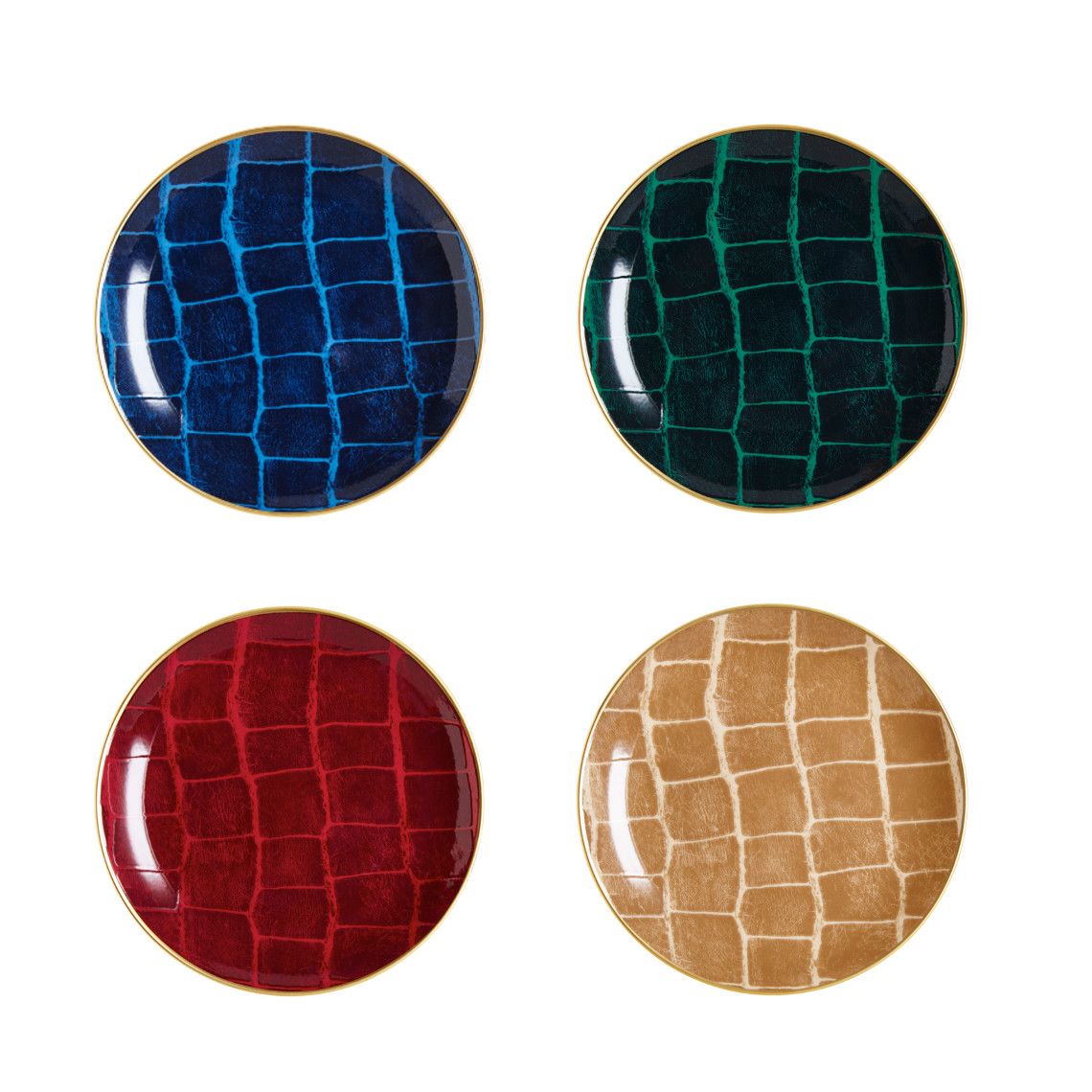 Alligator Multi Color Set of 4, Canape Plates, Assorted Colors White Background Photo
