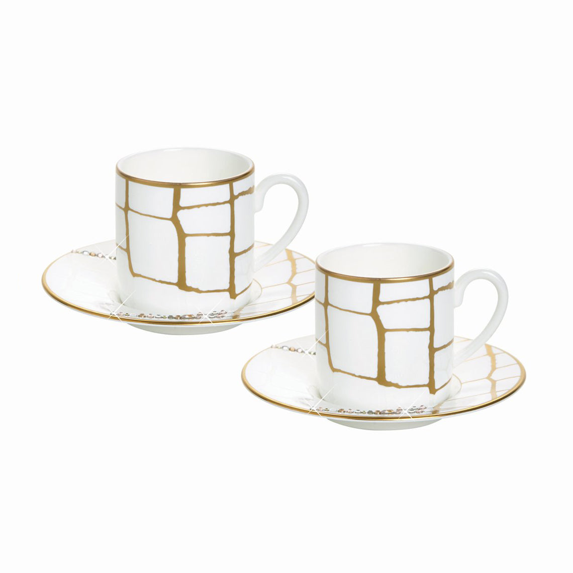 Prouna Alligator Gold Set of 2, Espresso Cups &amp; Saucers w/ Crystals White Background Photo