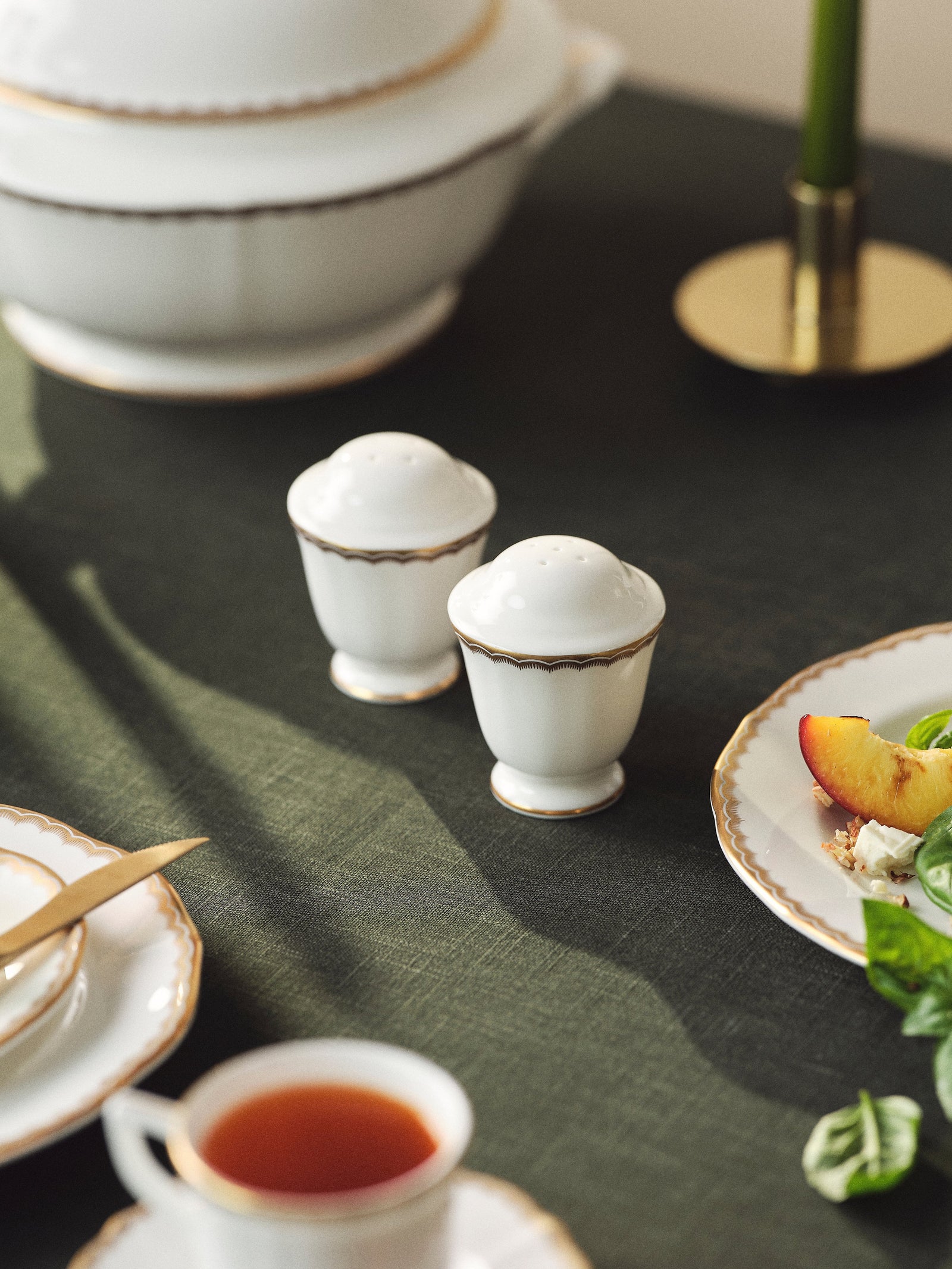 Prouna Antique Gold Salt & Pepper Shaker White Background Photo