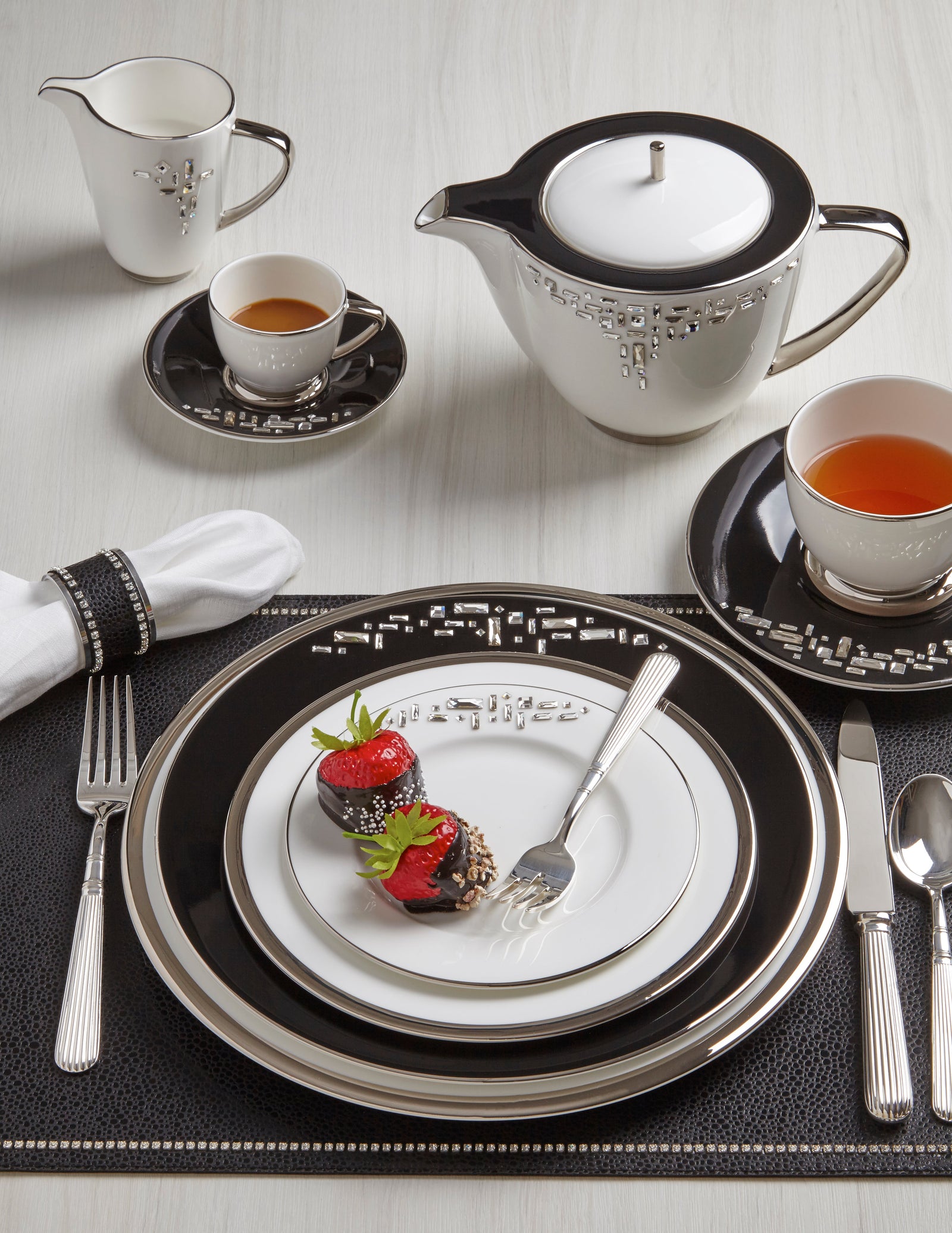 Prouna Diana Black / Platinum Salad / Dessert Plate w/ Crystals White Background Photo