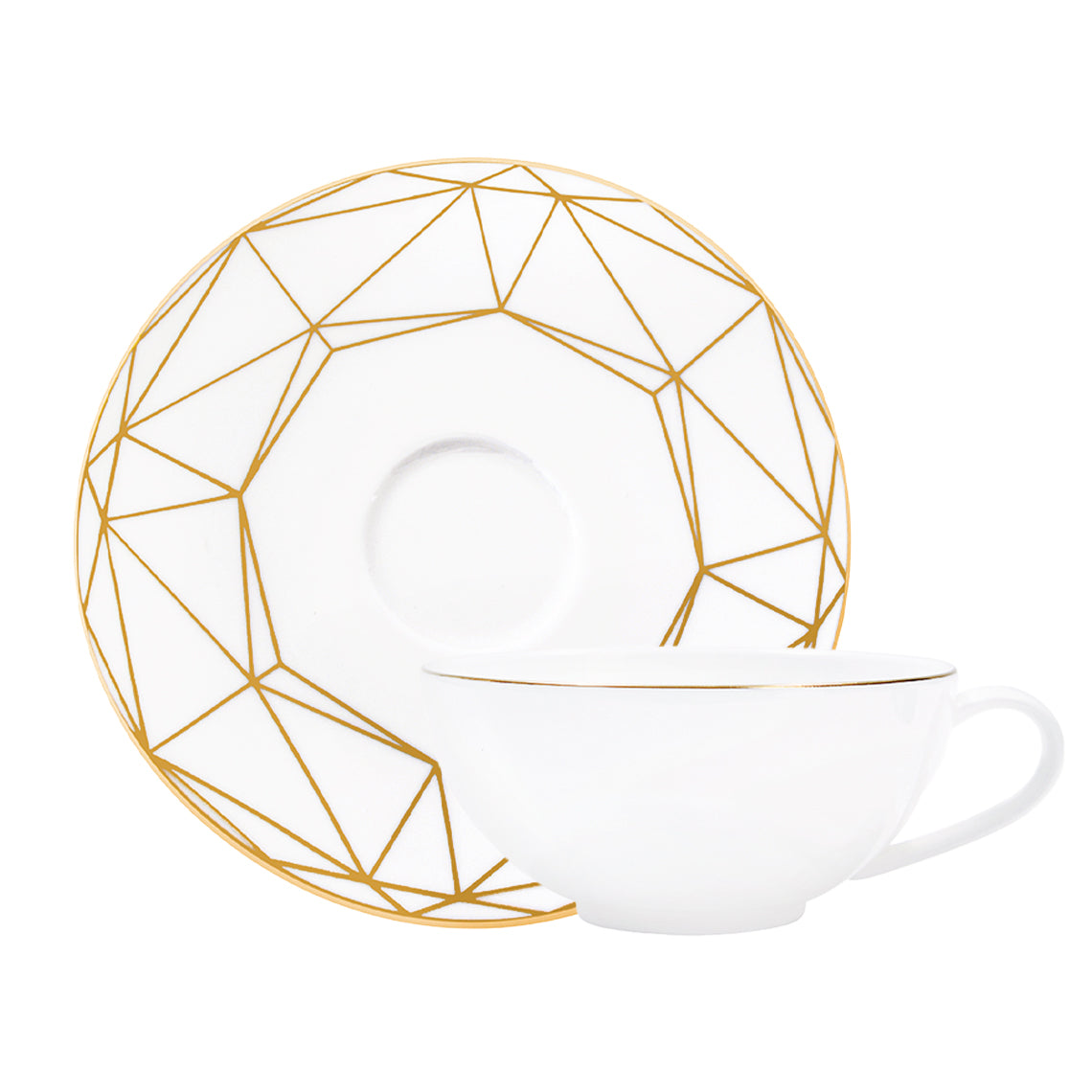 Prouna Gem Cut Gold Tea Cup &amp; Saucer White Background Photo