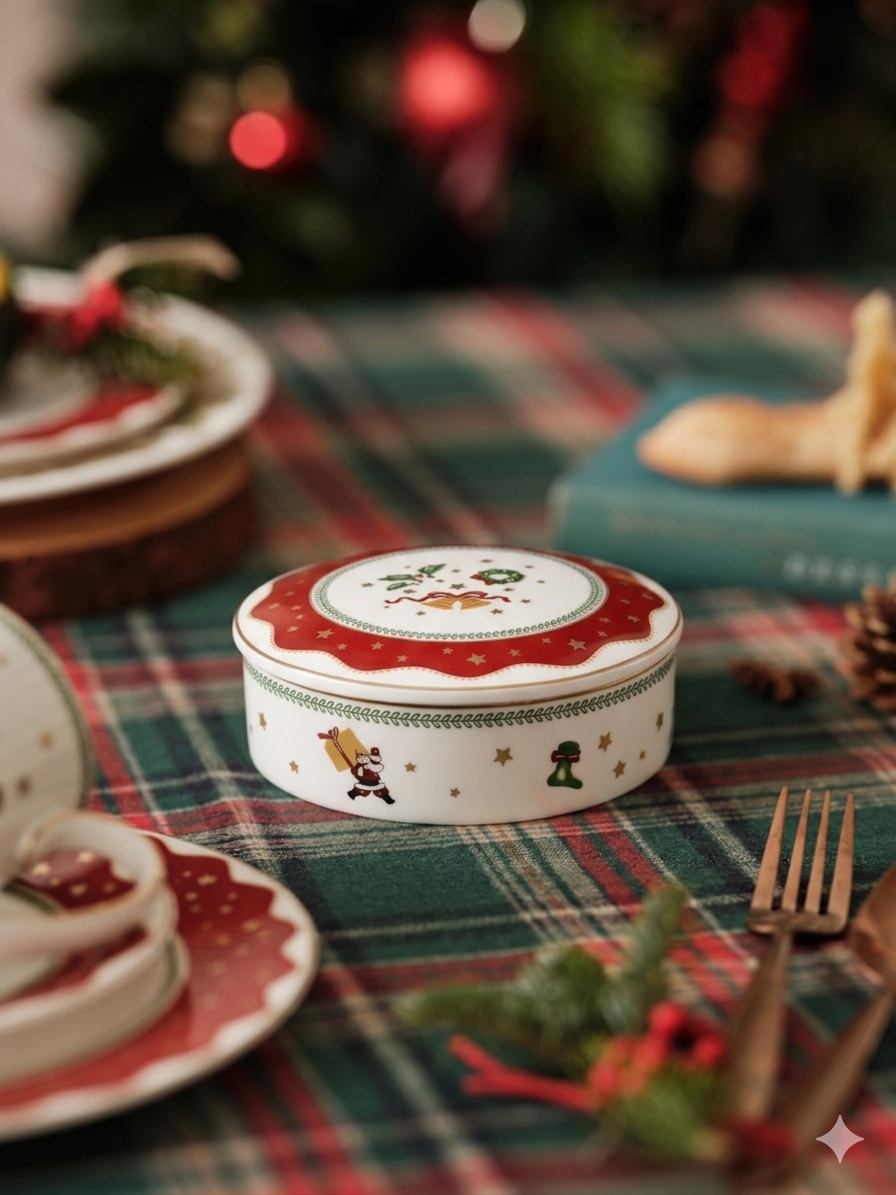 Decorative jewelry box with festive design on a Christmas-themed table setting.