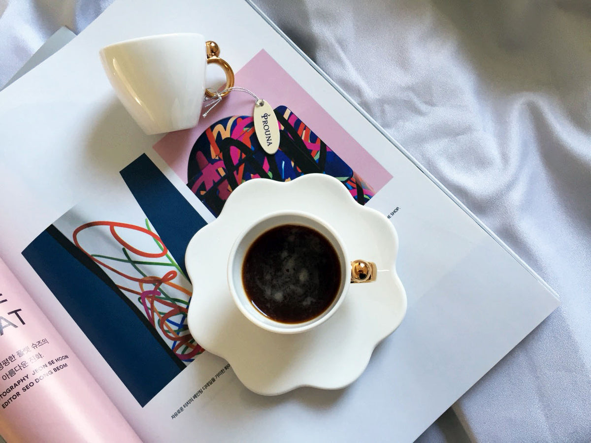 Set of 2, Espresso Cups & Saucers - Gold Rim