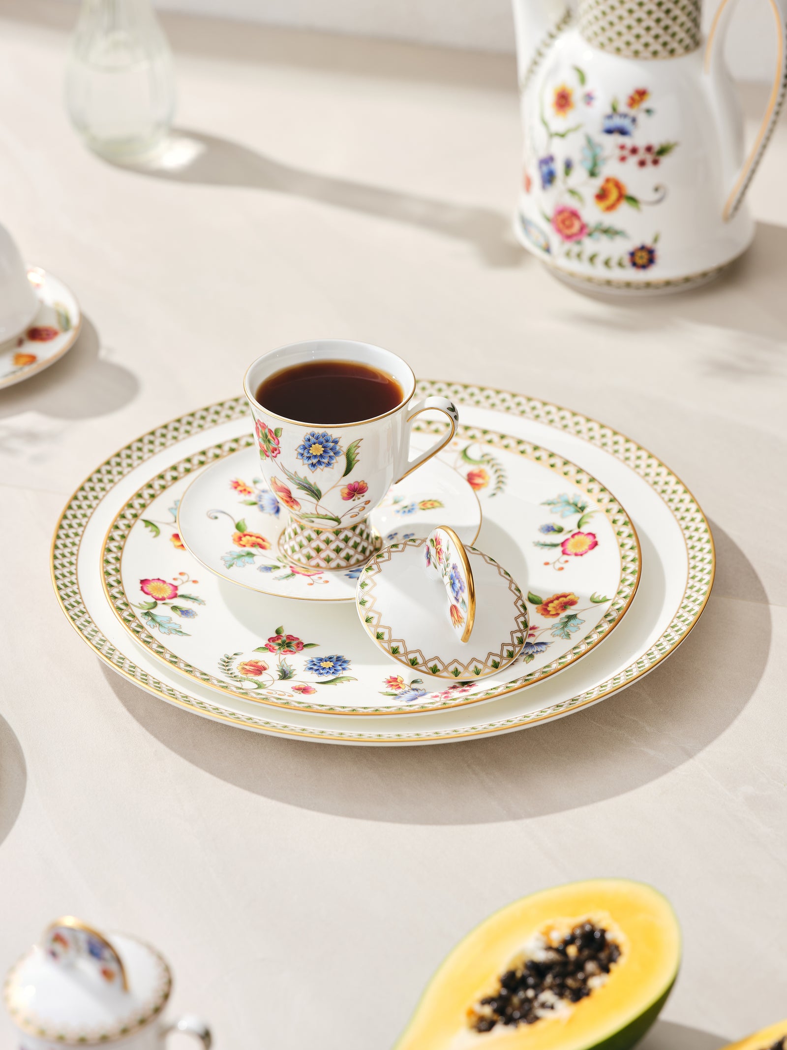 Prouna Gione Tea Cup with Cover & Saucer White Background Photo