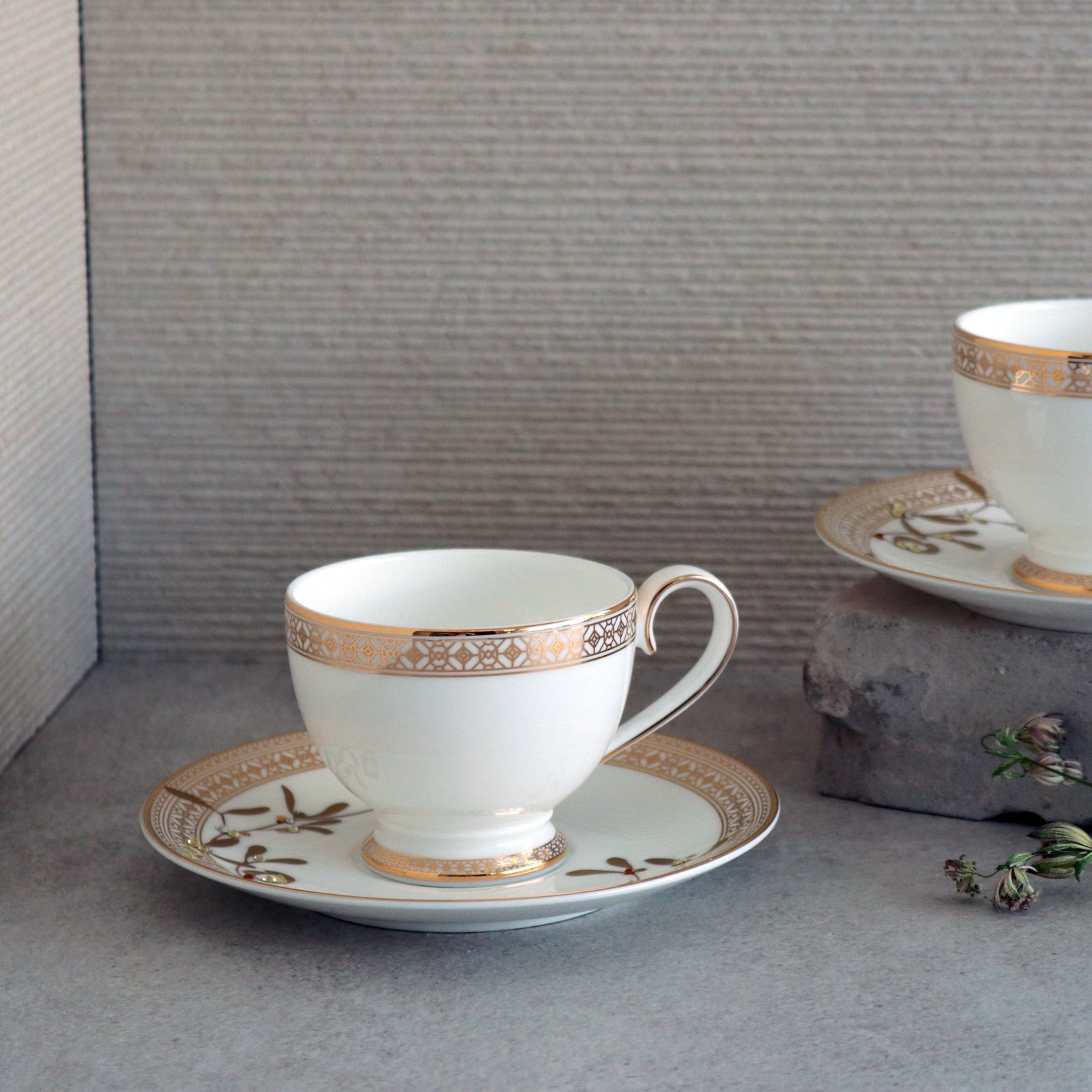 Prouna Golden Leaves Tea Cup & Saucer White Background Photo