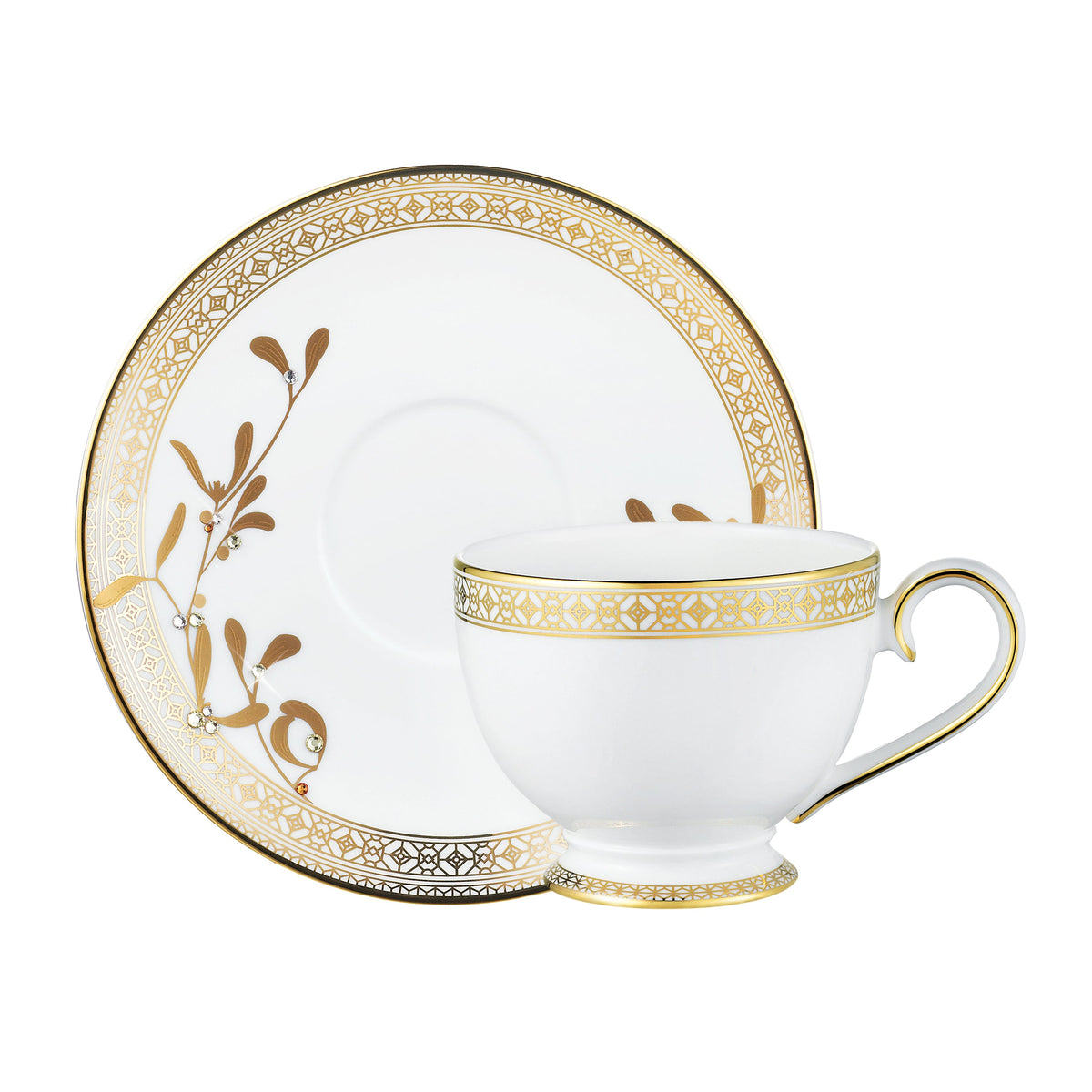 Prouna Golden Leaves Tea Cup &amp; Saucer White Background Photo