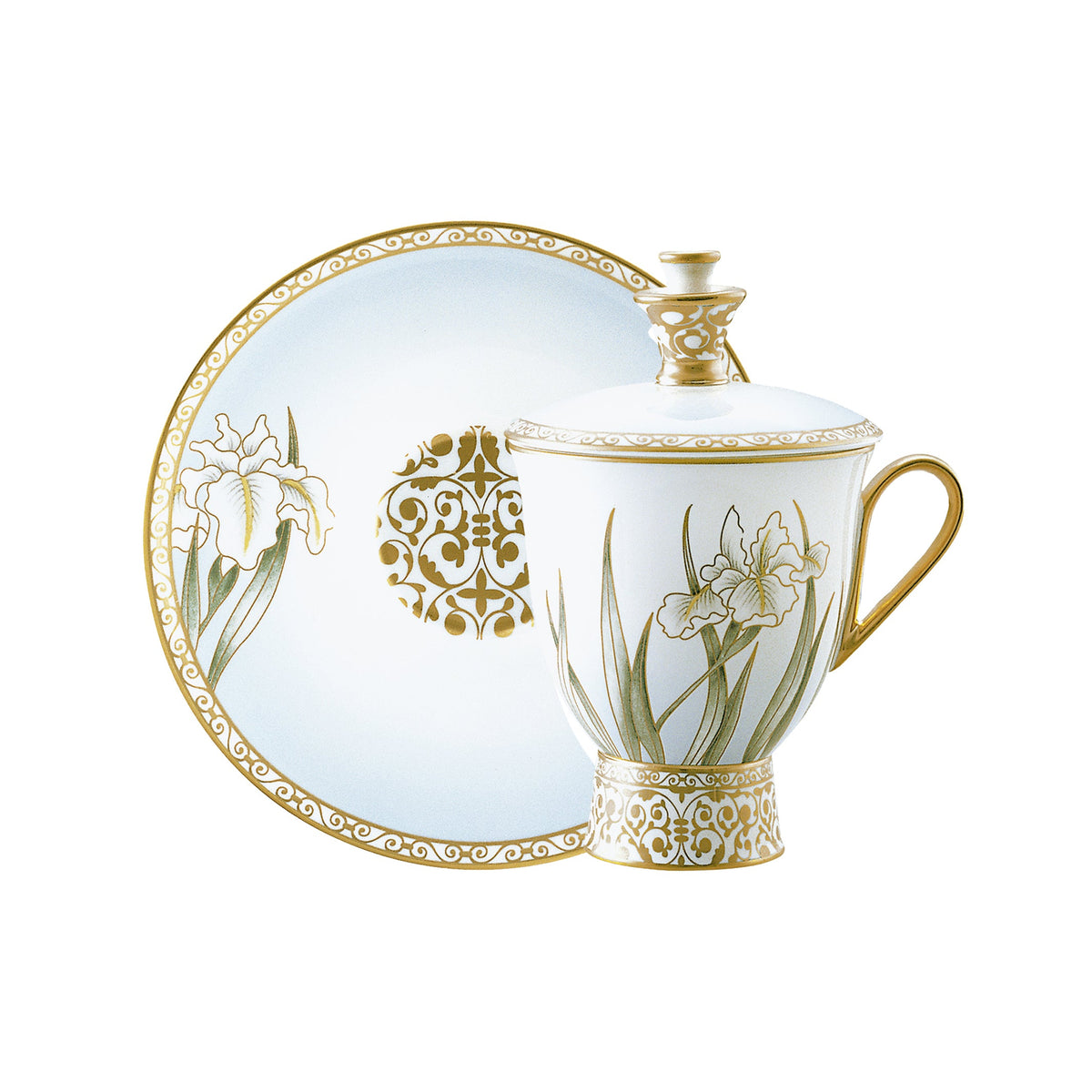 Prouna Iris Tea Cup with Cover &amp; Saucer White Background Photo