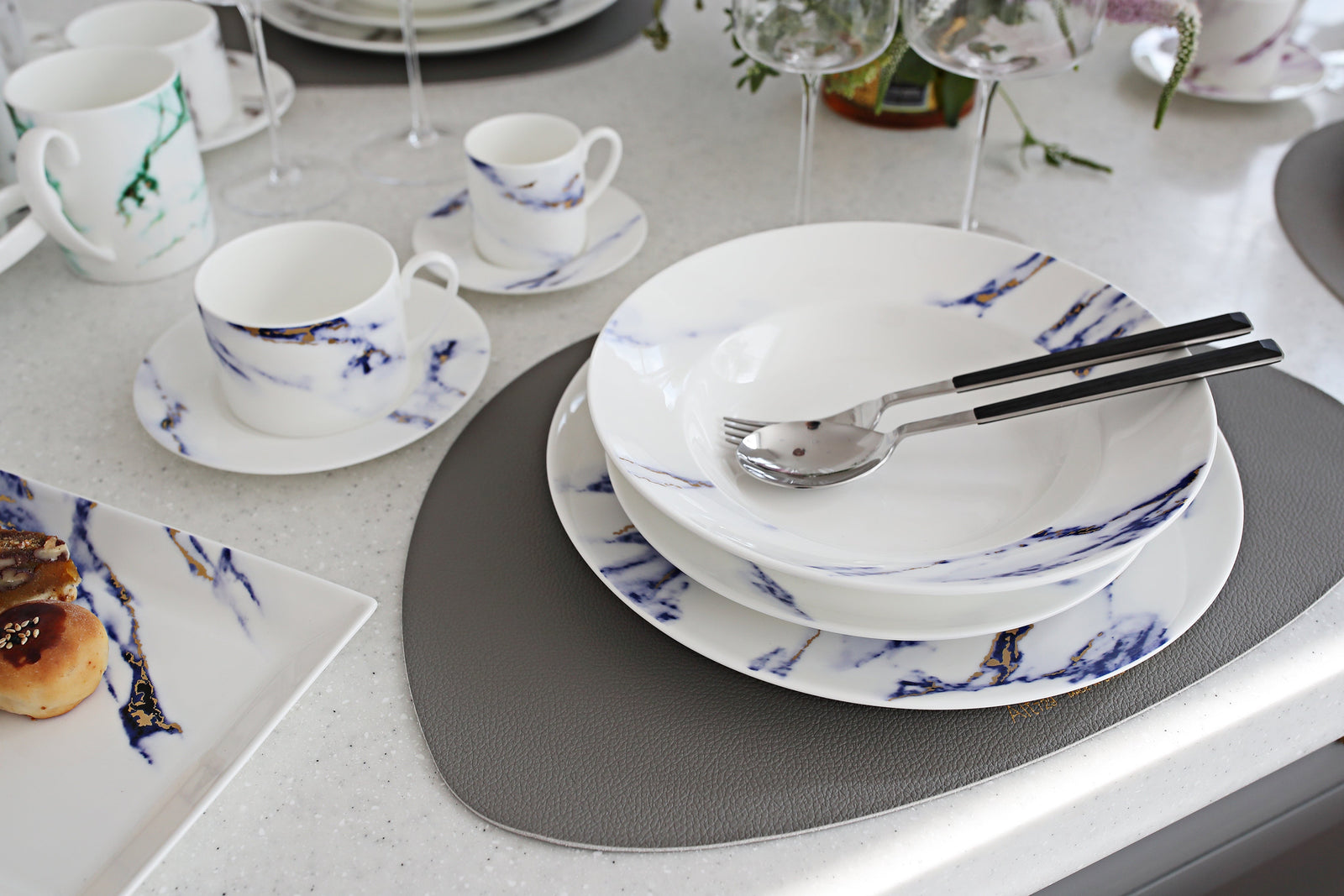 Prouna Marble Azure Soup Bowl White Background Photo