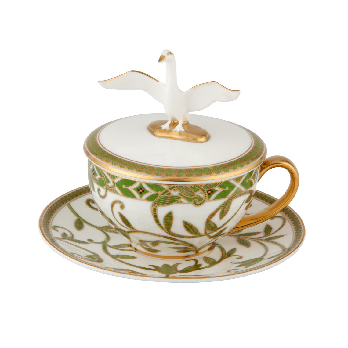 Teacup with decorative design and bird on top, on a white background