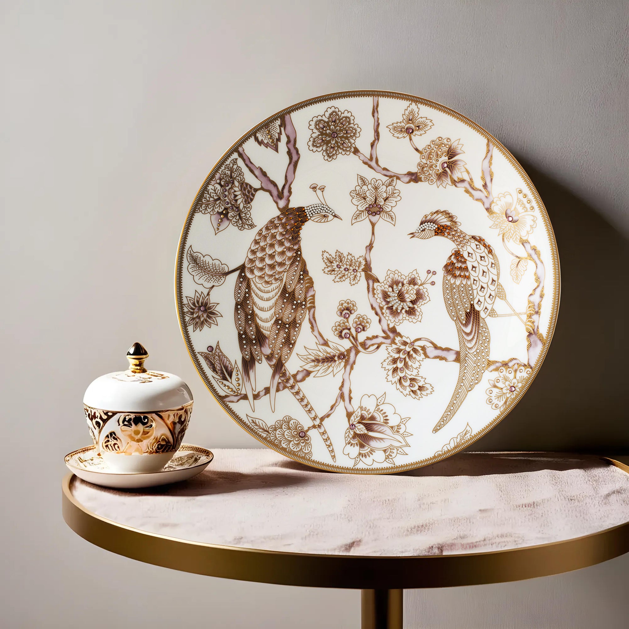 Prouna Pavo Gold Decorative Plate White Background Photo