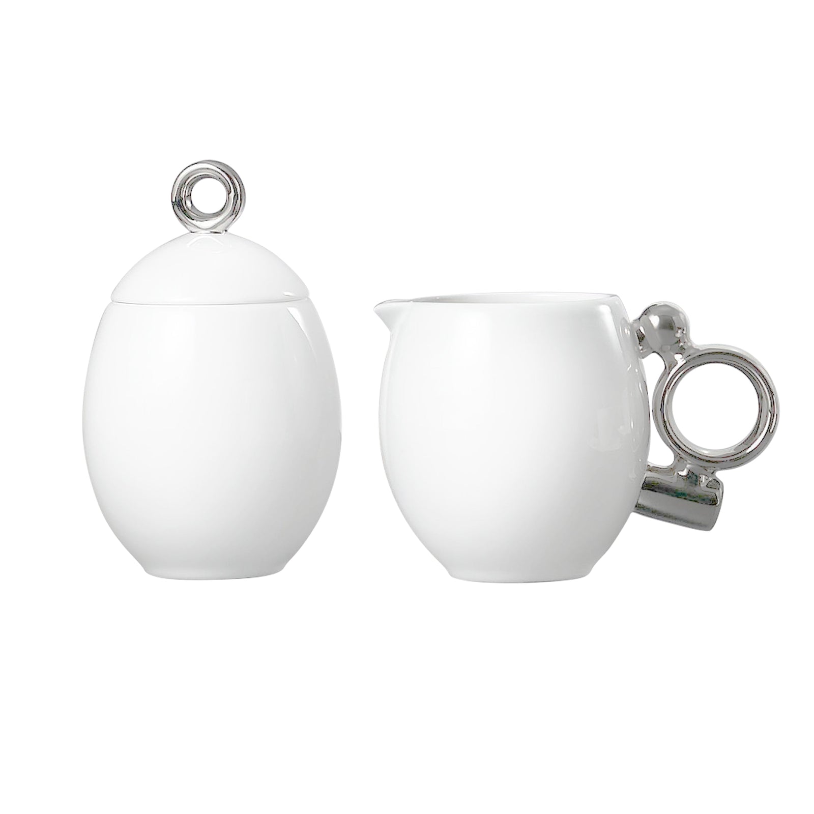 Prouna Geometrica Sugar & Creamer Set with Silver Rim White Background Photo