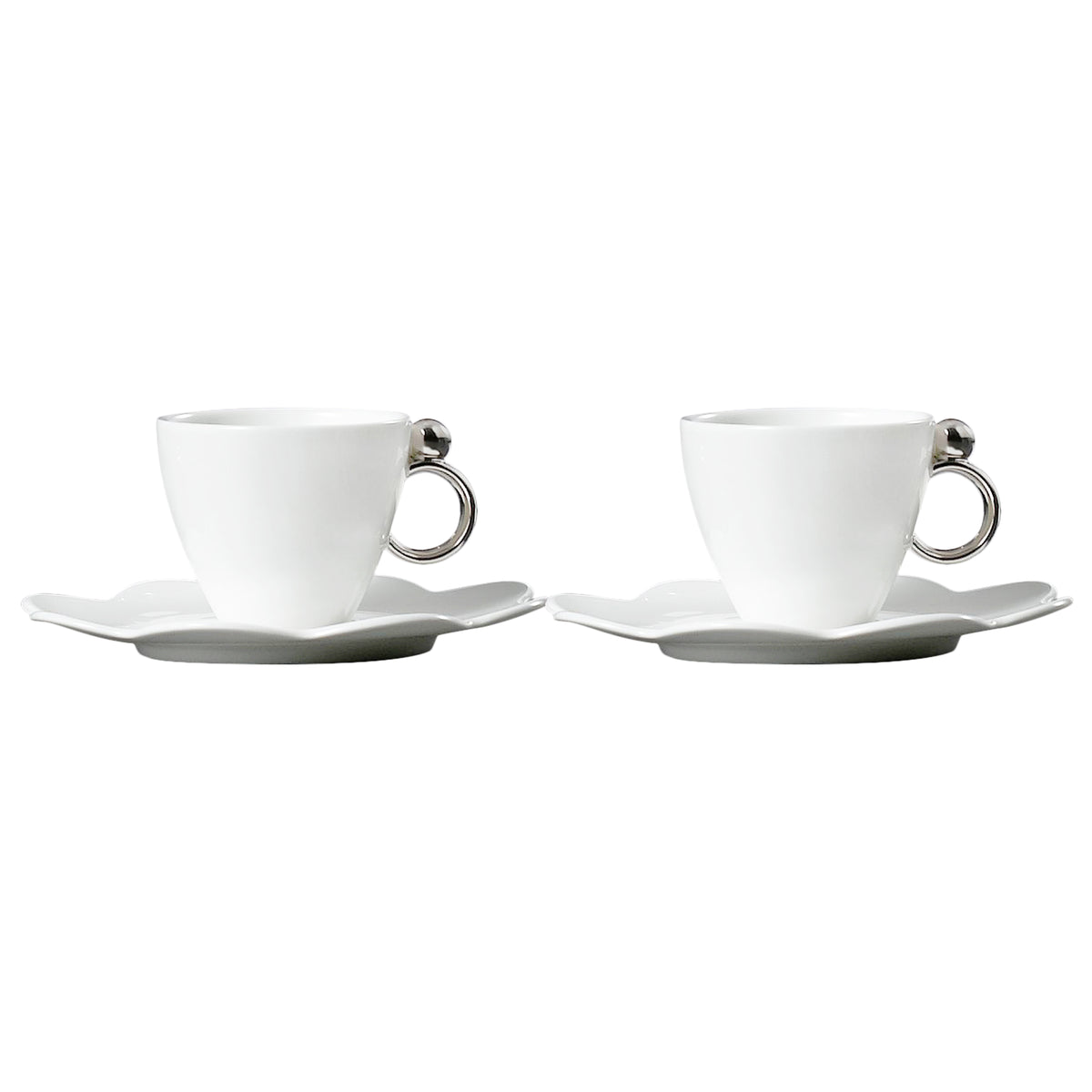 Prouna Geometrica Espresso Cup &amp; Saucer with Silver Rim Set of 2 White Background Photo