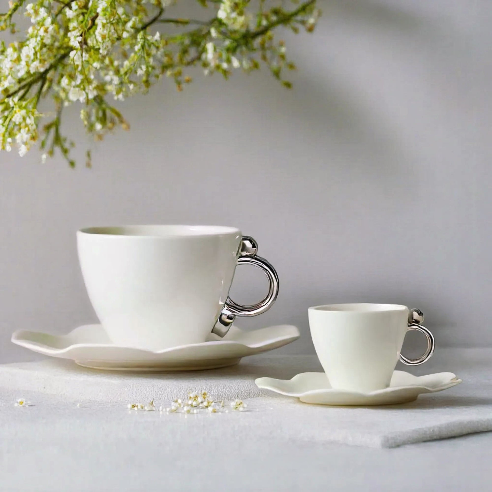 Prouna Geometrica Espresso Cup & Saucer with Silver Rim Set of 2 White Background Photo