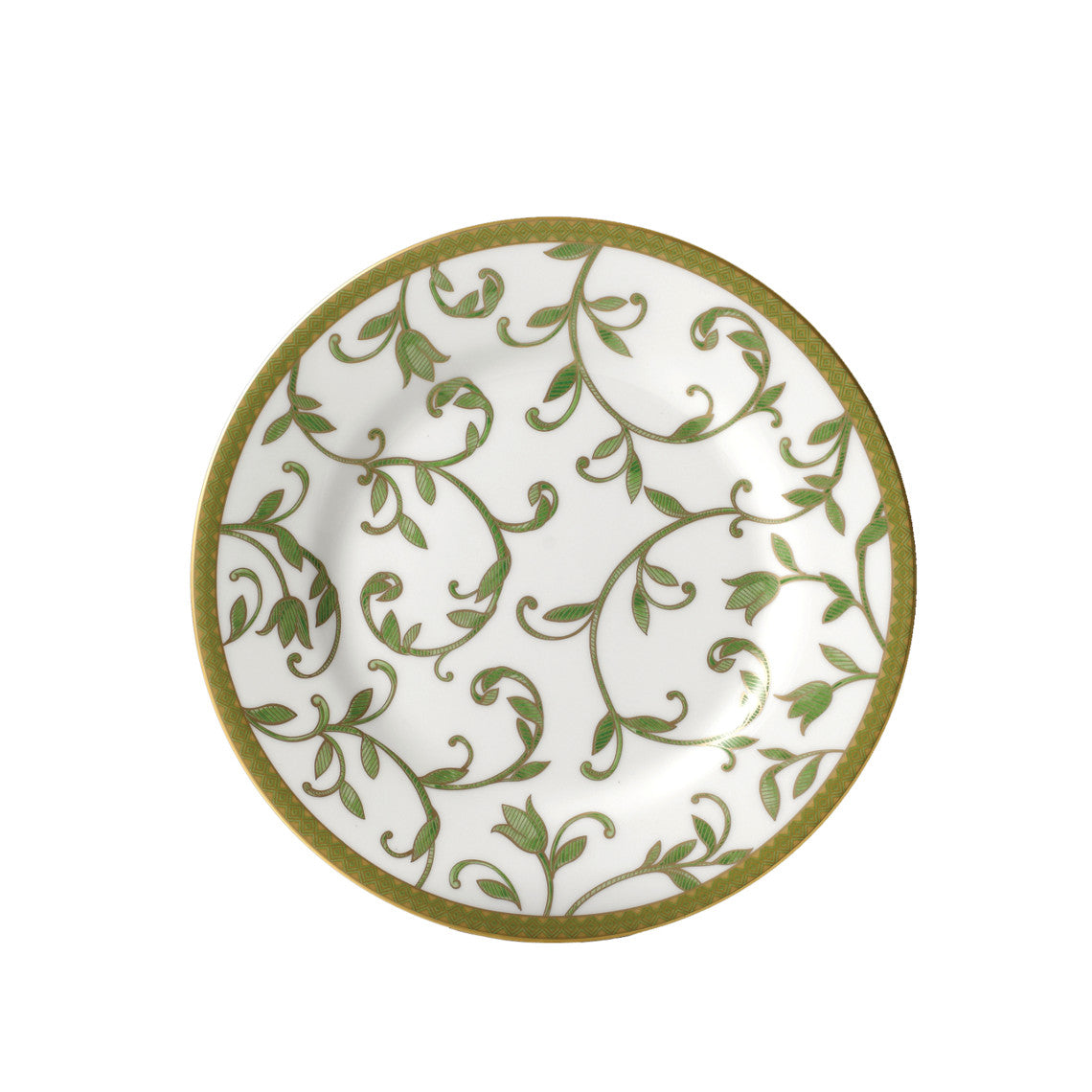Decorative plate with green leaf pattern on a white background