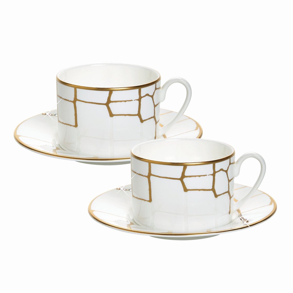 Alligator Gold Set of 2, Cups &amp; Saucers w/ Crystals White Background Photo