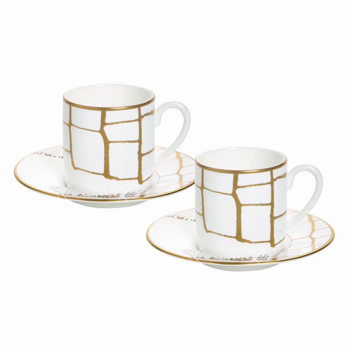 Alligator Gold Set of 2, Espresso Cups &amp; Saucers w/ Crystals White Background Photo