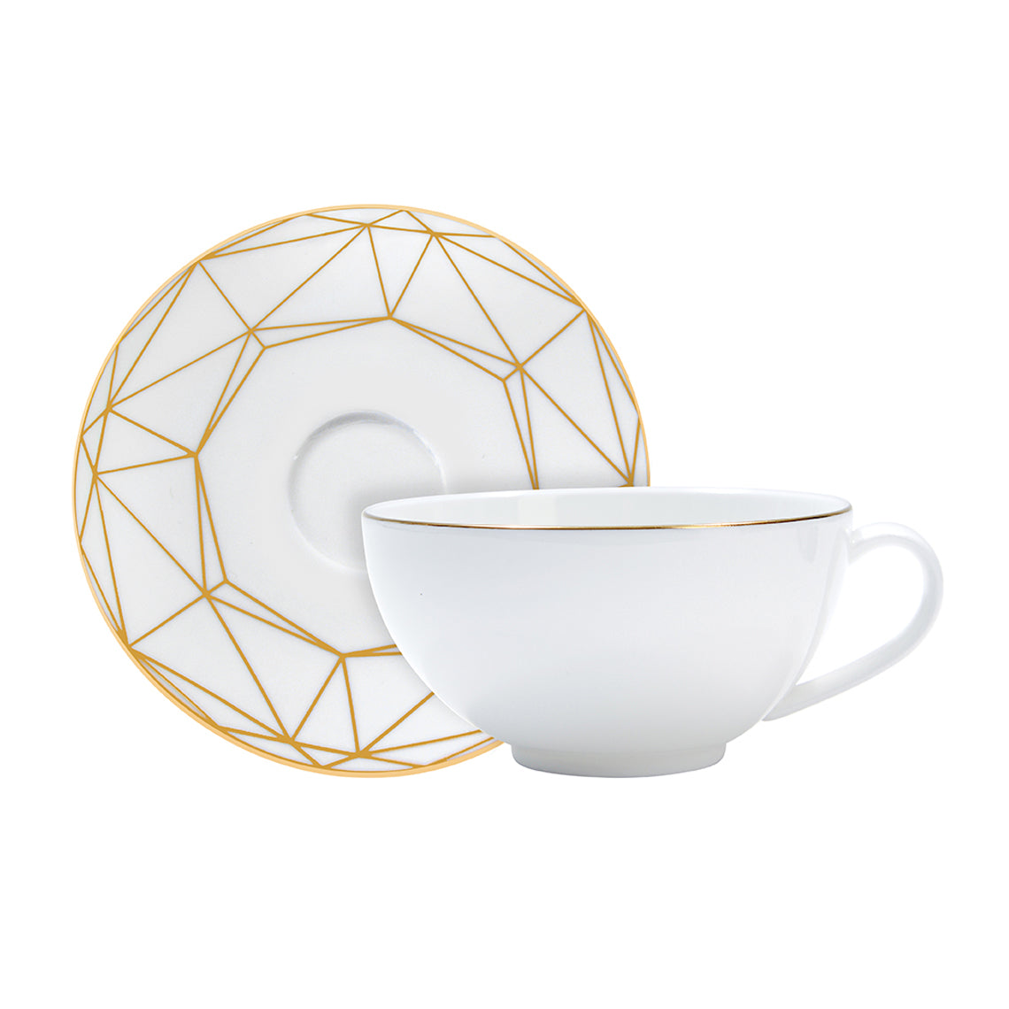 Gem Cut Gold Tea Cup & Saucer White Background Photo