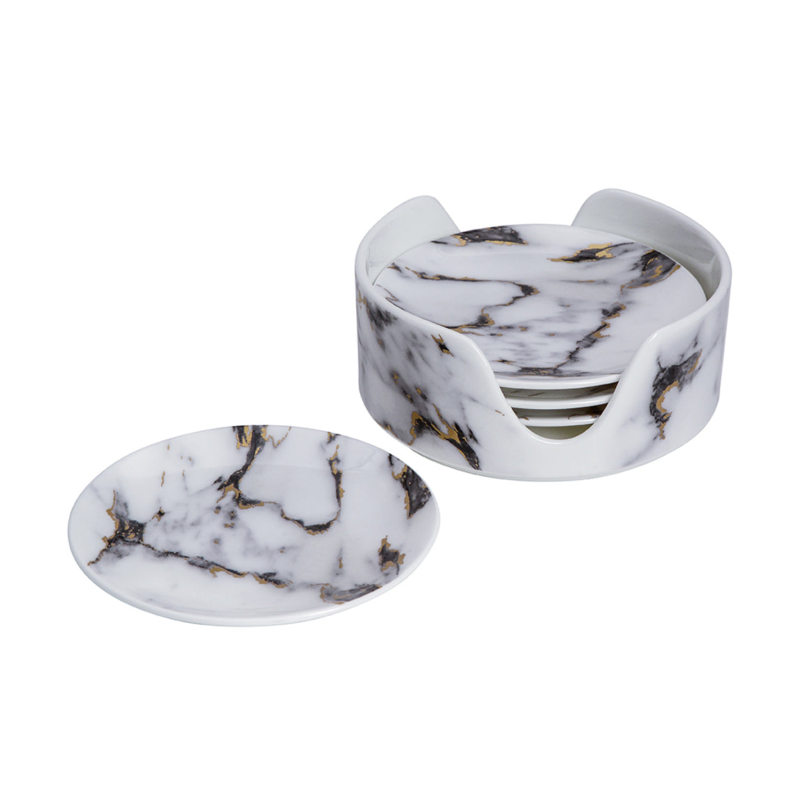 Prouna Marble Venice Fog Set of 4 Coasters in Holder White Background Photo