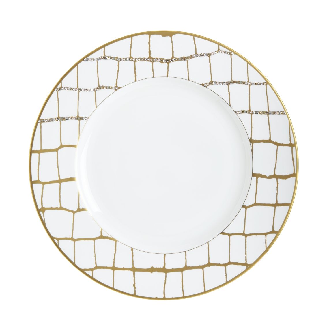 Prouna Alligator Gold Dinner Plate w/ Crystals White Background Photo